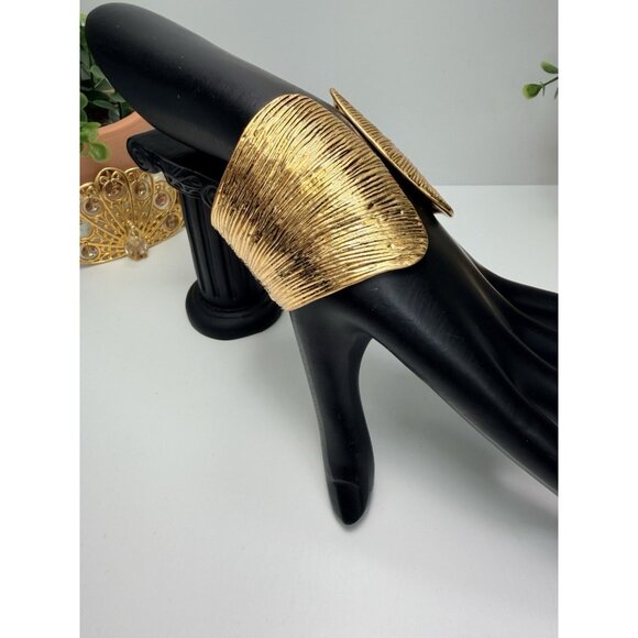 ZARA Gold Tone Textured Wide Cuff Bracelet Hinged NWOT - Picture 2 of 8